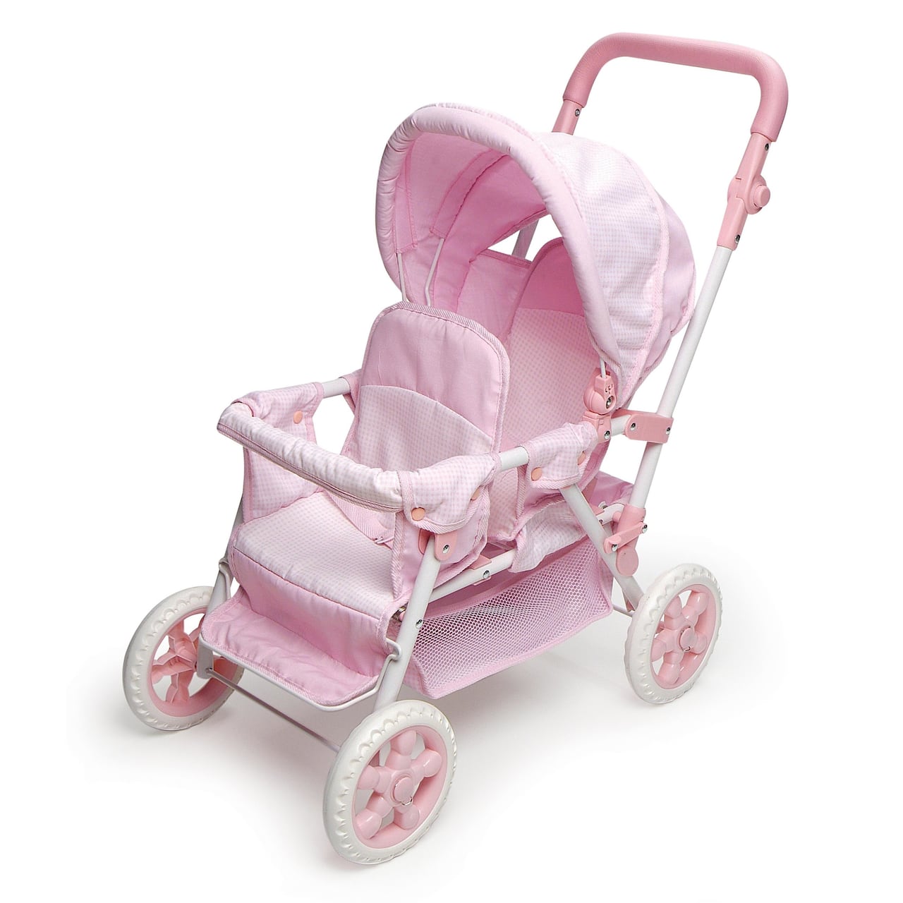 Badger Basket Pink Gingham Folding Double Front-to-Back Doll Stroller